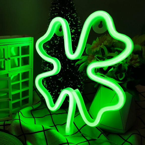 DONGPAI St Patricks Day Decorations, Green Four Leaf Clover Shamrock Neon Sign Light 9.7"x 9.7" USB/Battery Powered for St. Patrick's Day Room Party Decoration