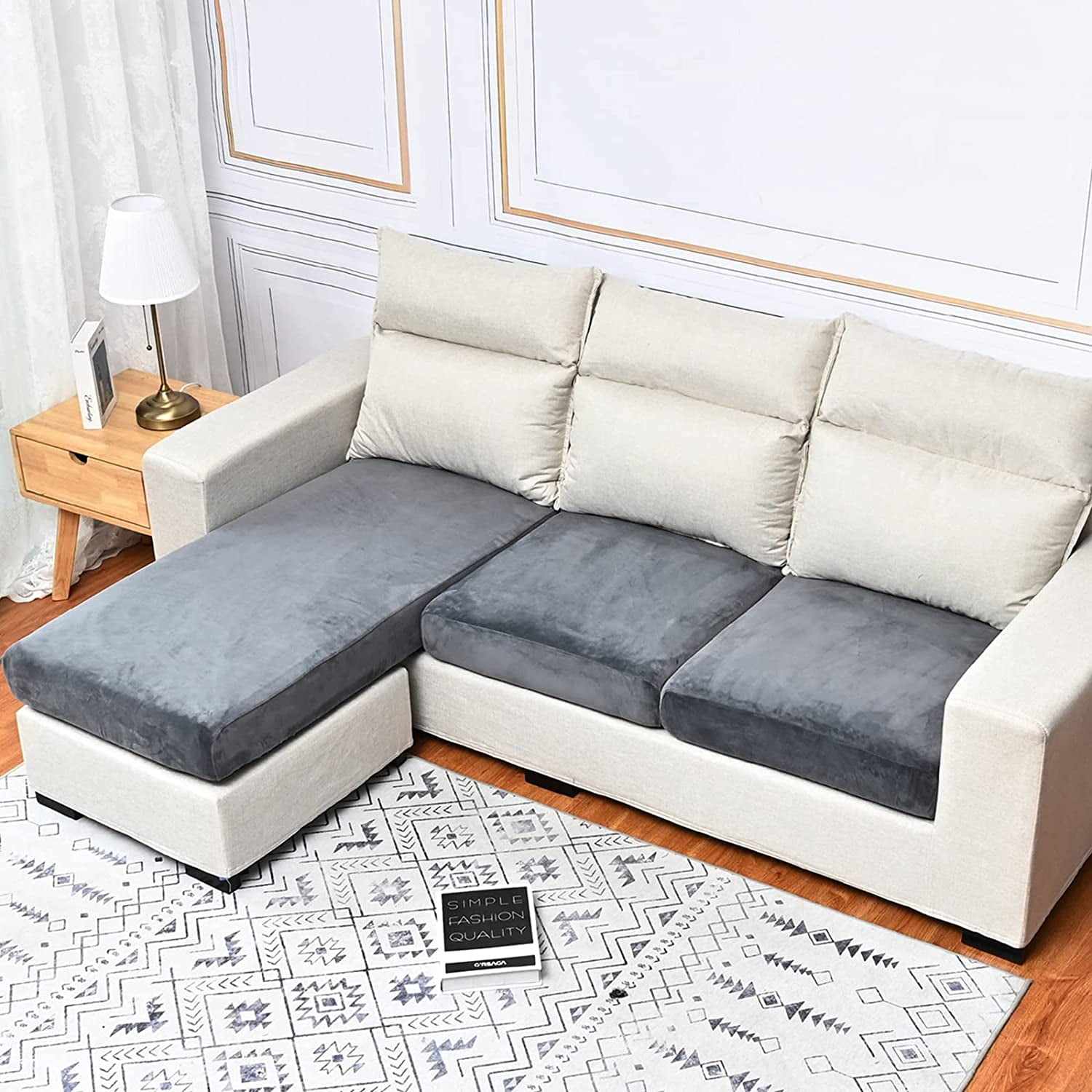DONGPAI Stretch Velvet Couch Cushion Covers for Sectional Sofa L Shape, Sofa Couch Soft Seat Slipcover, Dark Gray(for 4 Cushions,1 Piece)