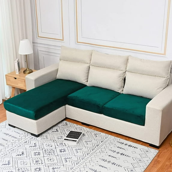 DONGPAI Stretch Velvet Couch Cushion Covers for Sectional Sofa L Shape, Sofa Couch Soft Seat Slipcover, Green(for 2 Cushions,1 Piece)