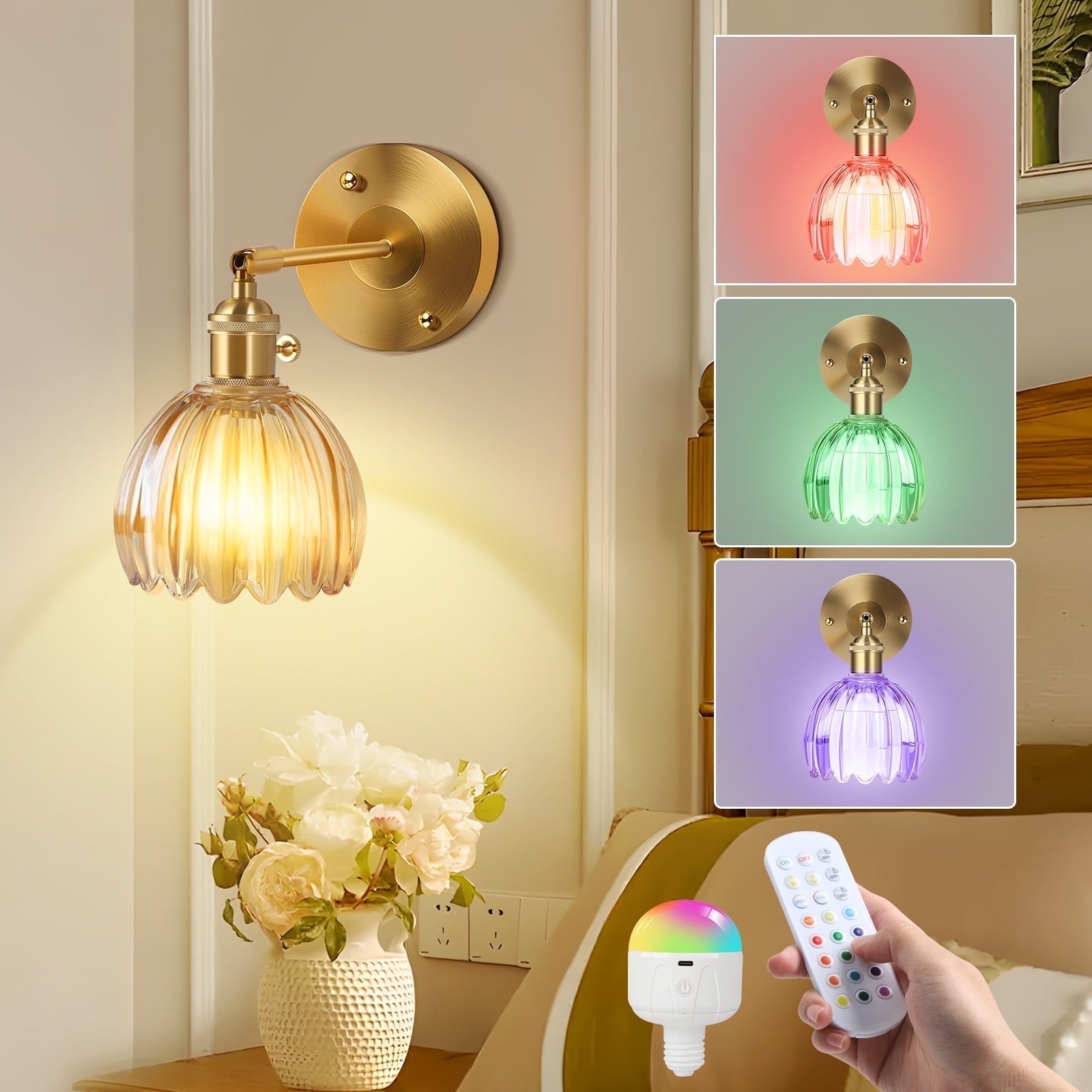 DONGPAI Vintage Battery Operated Wall Sconce with Amber Tulip