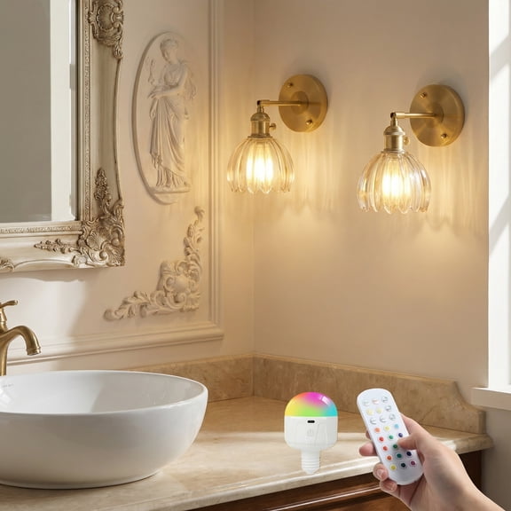 DONGPAI 2 Pack Vintage Battery Operated Wall Sconce with Amber Tulip Glass Lampshade Wireless Rechargeable Wall Light with Remote Control for Bedside Bedroom Doorway