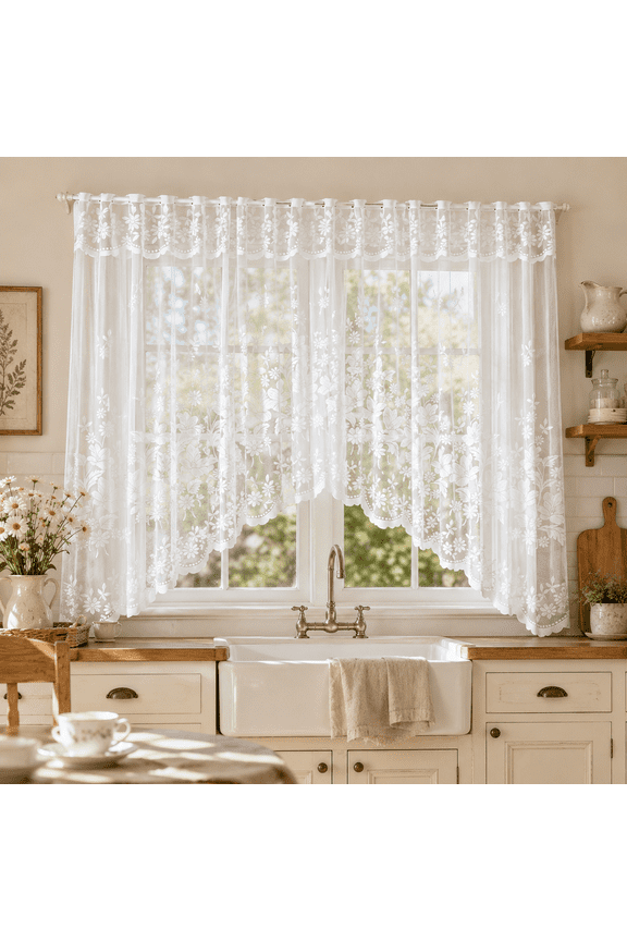 White Lace Swag Curtain Valance Tier 63 Inches Length , French Floral Raschel Lace Sheer Rod Pocket Voile Window Treatment Tier for Kitchen Bathroom Dining Room, 1 Panel