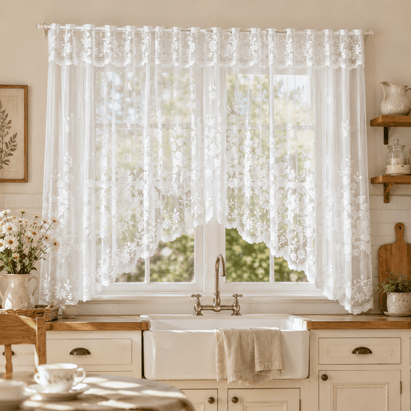DONGPAI White Lace Swag Curtain Valance Tier 63 Inches Length , French Floral Raschel Lace Sheer Rod Pocket Voile Window Treatment Tier for Kitchen Bathroom Dining Room, 1 Panel