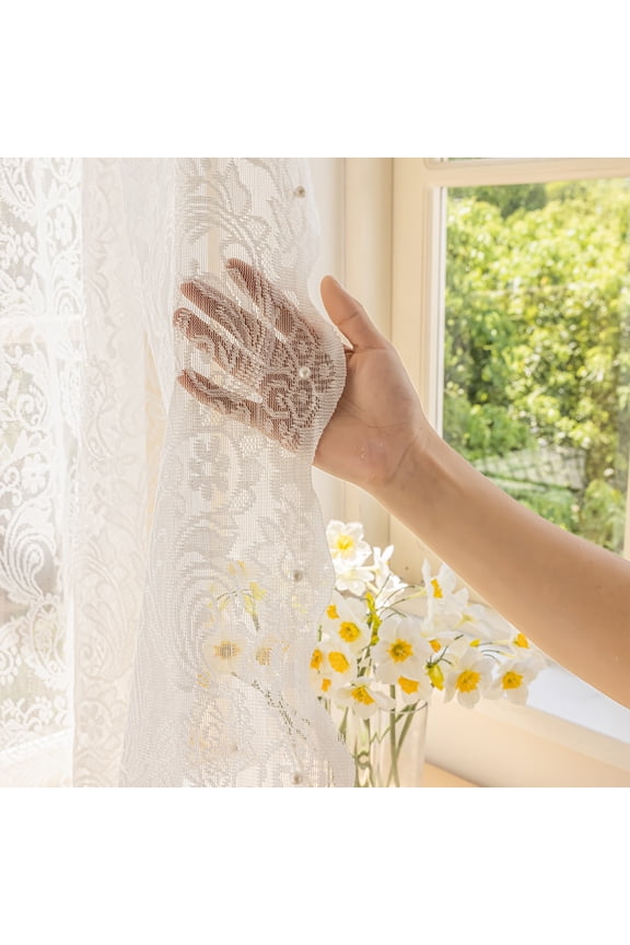White Sheer Lace Curtain with Pearl, Rod Pocket Elegant Window Treatment Voile Drapes for Living Room, Bedroom, 55"x 59", 1 Panel