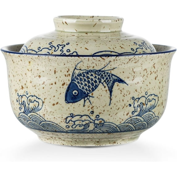 DONGTIAN Microwavable Ramen Bowl with Lid, 25 Oz Japanese Bowl Big Ceramic Japanese Soup Bowl with Lid, Korean Clay Pot - fish