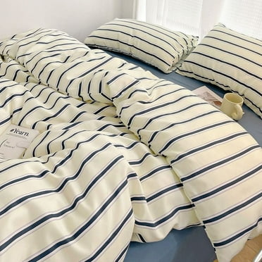 DONGTIAN Simple Red and Blue Striped Duvet Cover and Four Piece Bed Sheet Set with Washed Cotton Bedding on the Bed