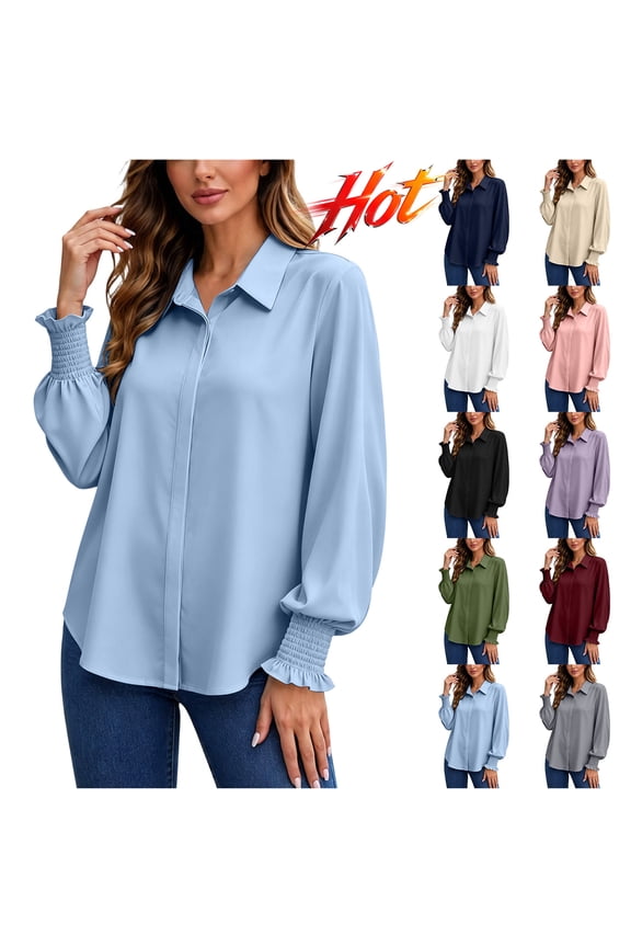 Button Down Shirts for Women Smocked Cuffed Long Sleeve Blouses Lightweight Collared Work Tops Gray S