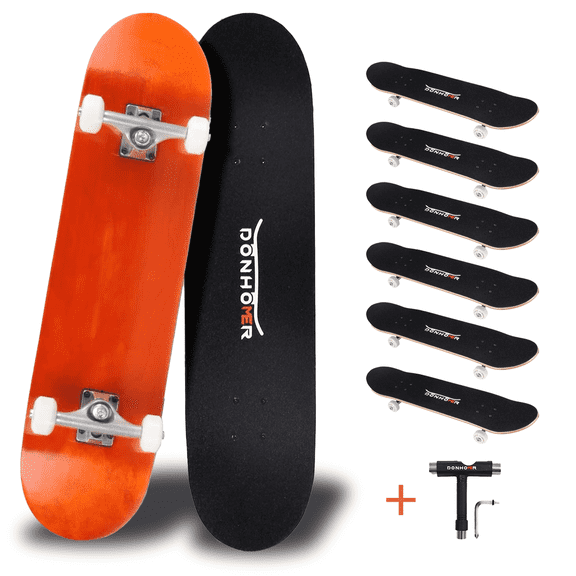 DONHOMER Skateboards - 31x7.75 Pro Skateboard for Adults/Kids Girls/Boys with T-Tool 【Pro 7ply Maple Deck ABEC9】(Orange-6 Pack)