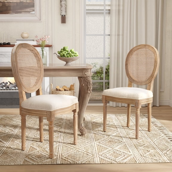 DONICK French Upholstered Dining Chairs,Farmhouse Round Back Tufted Solid Wood For Kitchen,Restaurant(Rattan,Beige,Set of 2)