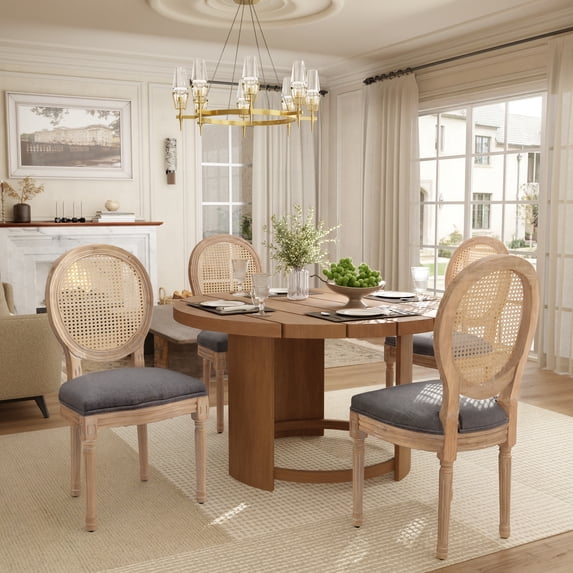 DONICK French Upholstered Dining Chairs,Farmhouse Round Back Tufted Solid Wood For Kitchen,Restaurant(Rattan,Gray,Set of 4)