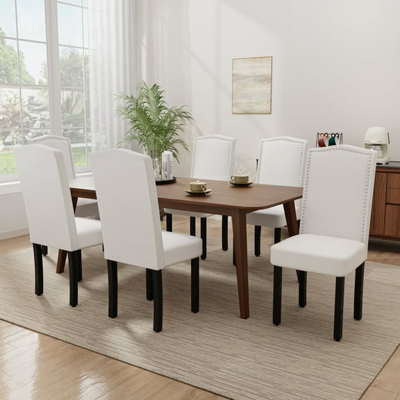 DONICK Mid Century Upholstered Dining Chairs,High-End Dorsal Side Chairs Nailhead Trim Wood Legs for Kitchen(Fabric,Beige,Set of 6)