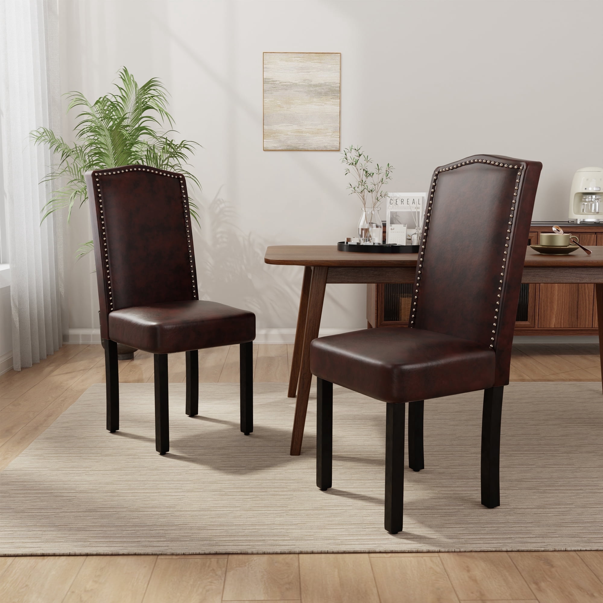 DONICK Mid Century Upholstered Dining Chairs,High-End Dorsal Side Chairs Nailhead Trim Wood Legs for Kitchen(PU,Brown,Set of 2)
