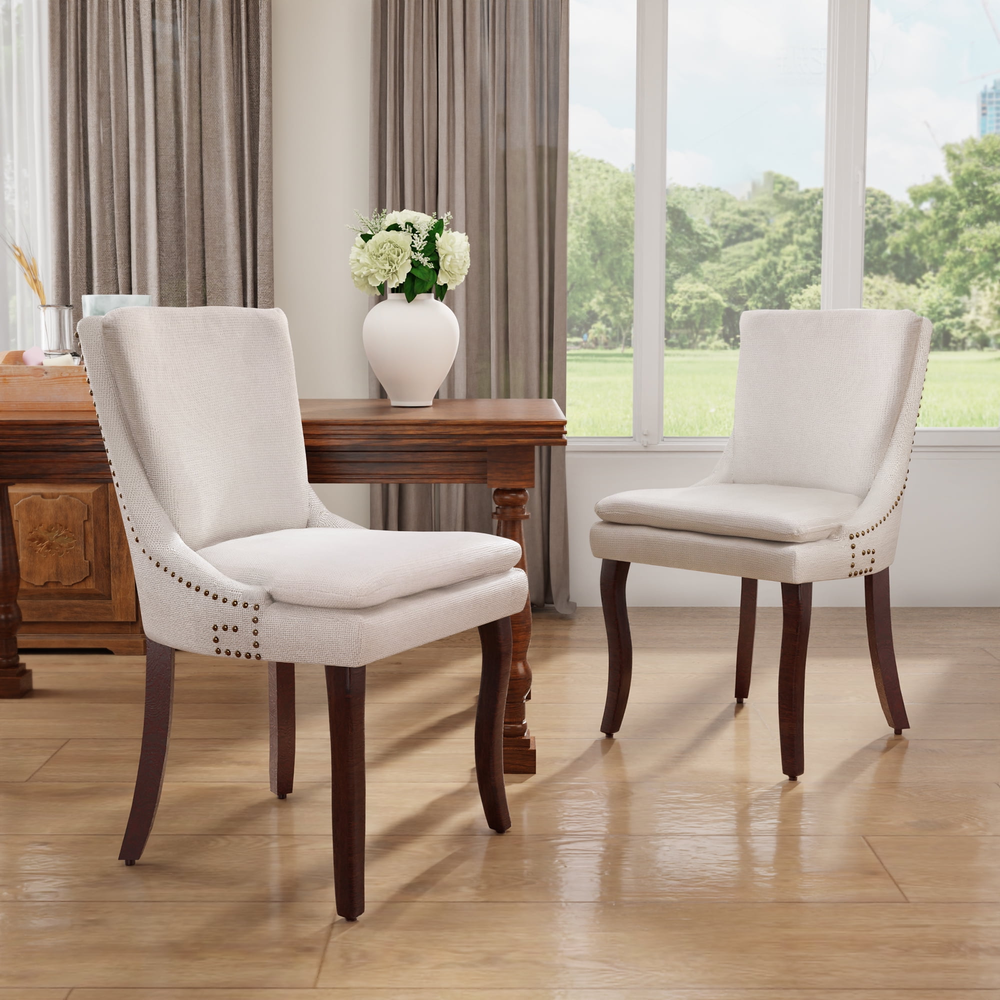 Beige Fabric Studded Fabric Dining Chairs Taupe Woven Fabric And