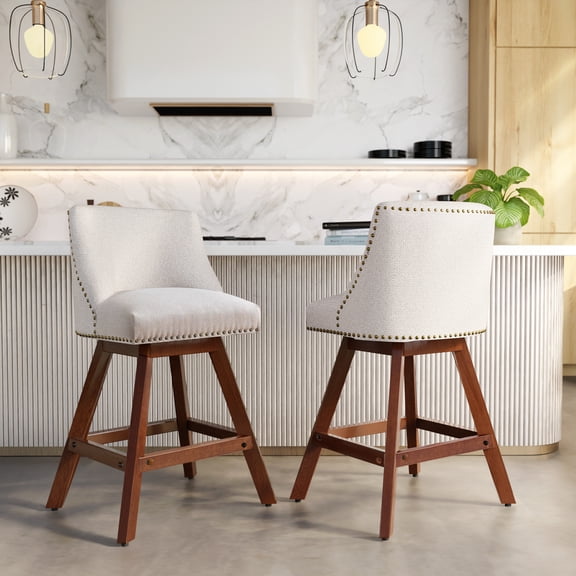 DONICK Swivel Counter Height Bar Stools,Modern Fabric Upholstered Nailhead Wood Legs for Dining Room,Island,Bar,Kitchen(Beige,Set of 2)