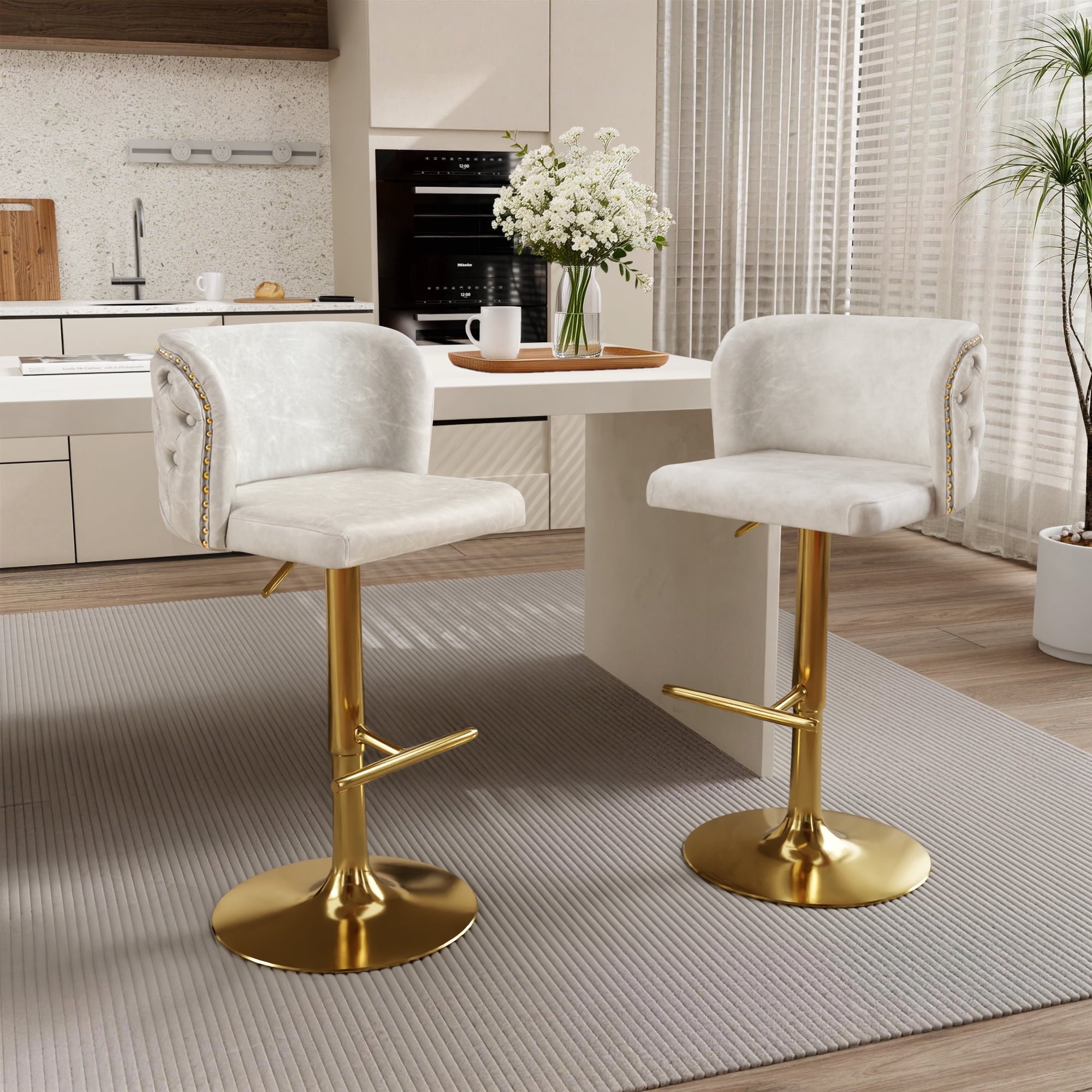 DONICK Swivel Counter Height Barstools,Upholstered Bar Stools Adjustable Height Nailhead Button Tufted Kitchen Island (PU,Beige,Set of 2)