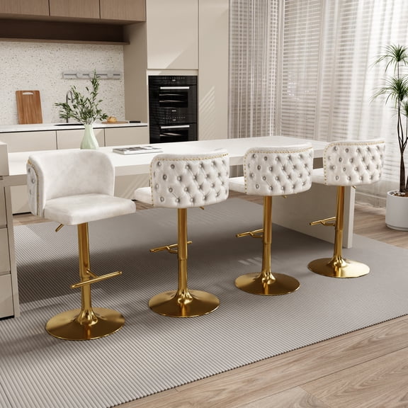 DONICK Swivel Counter Height Barstools,Upholstered Bar Stools Adjustable Height Nailhead Button Tufted Kitchen Island (PU,Beige,Set of 4)