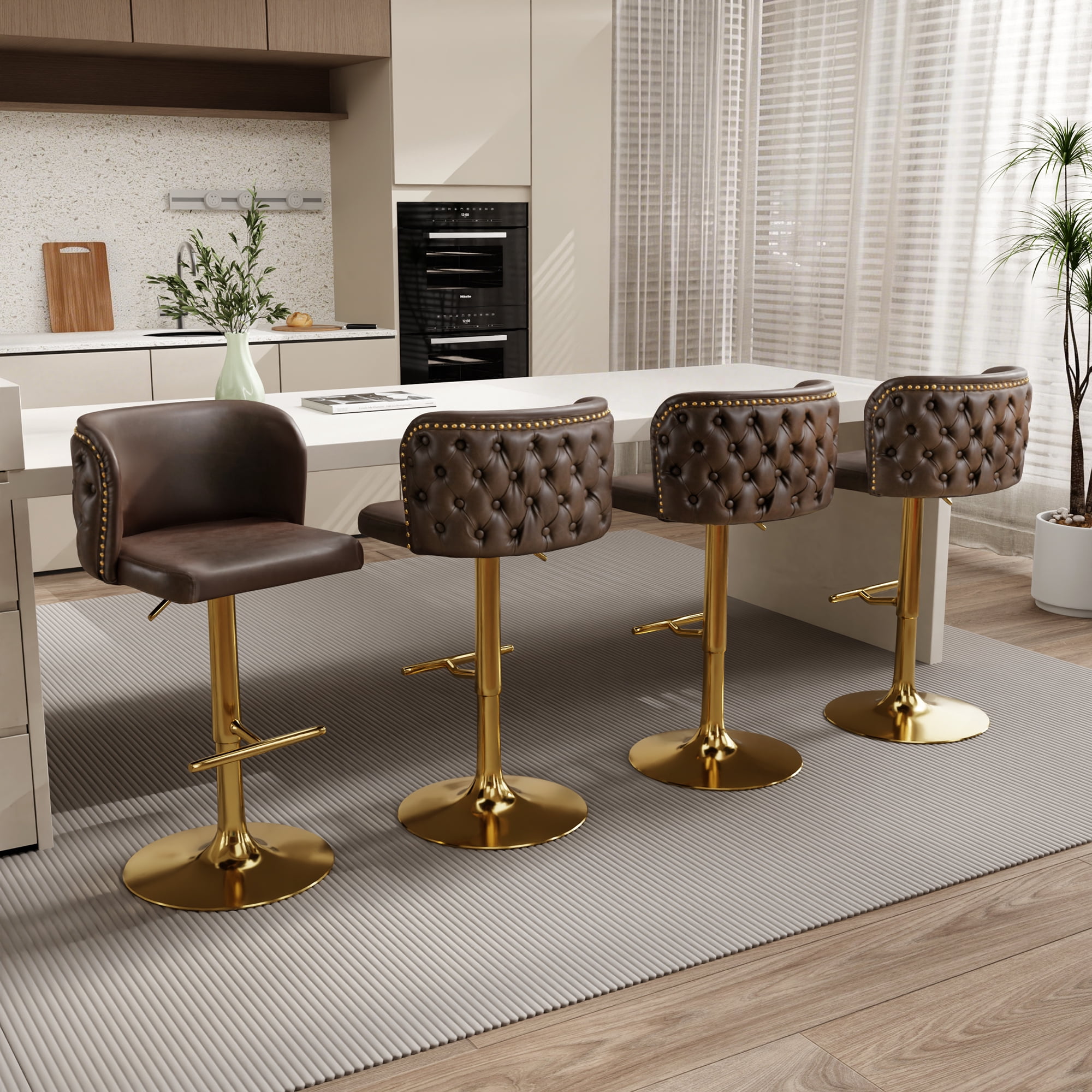 DONICK Swivel Counter Height Barstools,Upholstered Bar Stools Adjustable Height Nailhead Button Tufted Kitchen Island (PU,Brown,Set of 4)