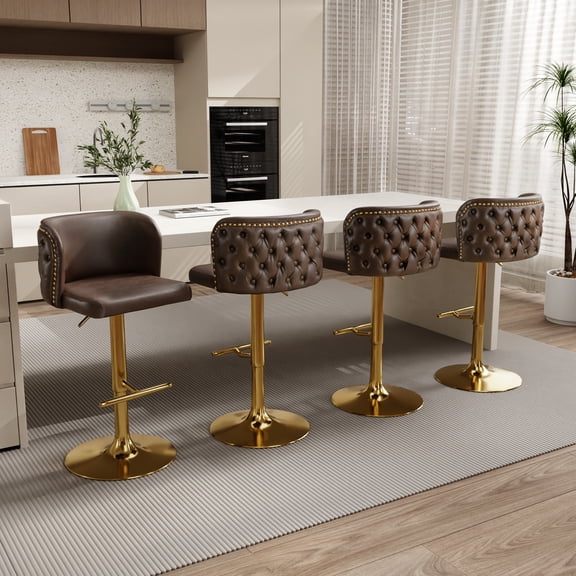 DONICK Swivel Counter Height Barstools,Upholstered Bar Stools Adjustable Height Nailhead Button Tufted Kitchen Island (PU,Brown,Set of 4)