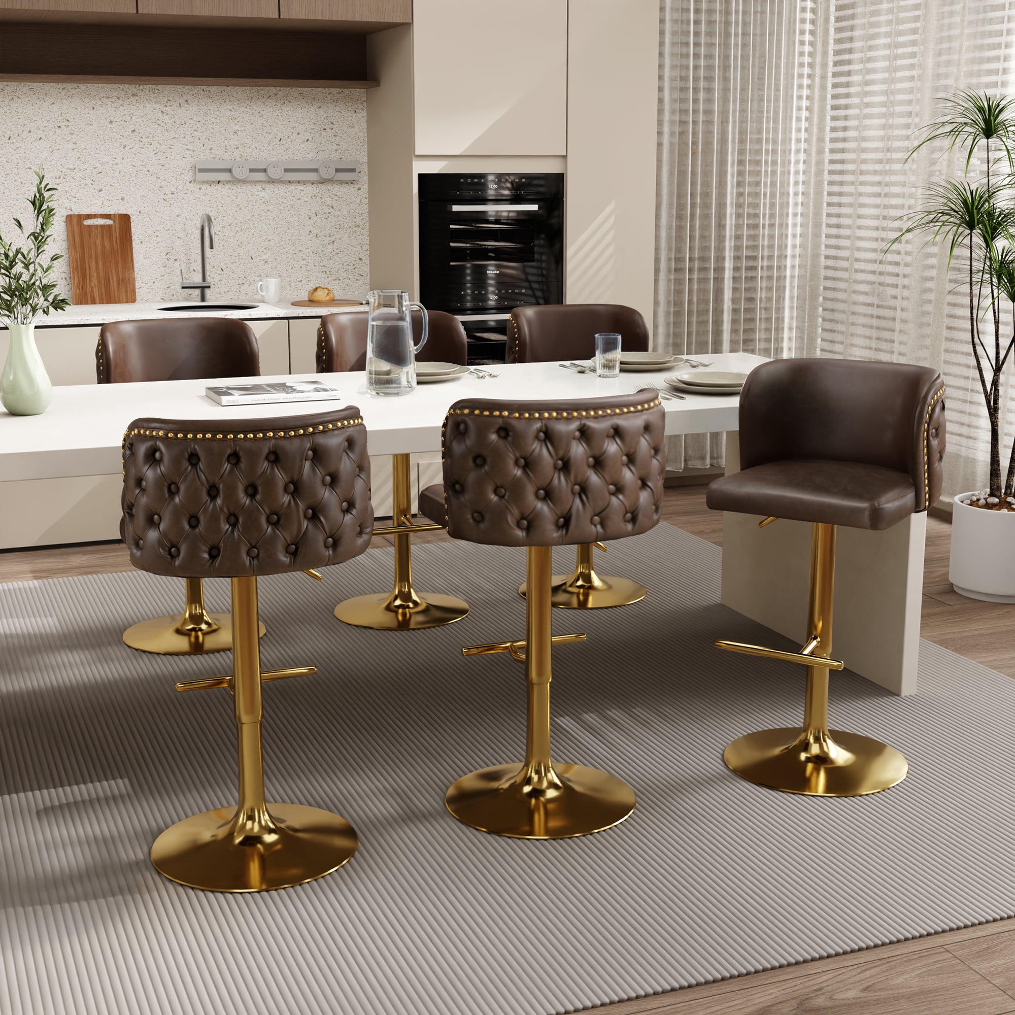 DONICK Swivel Counter Height Barstools,Upholstered Bar Stools Adjustable Height Nailhead Button Tufted Kitchen Island (PU,Brown,Set of 6)