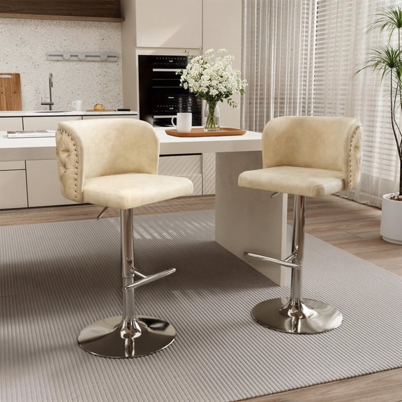 DONICK Swivel Counter Height Barstools,Upholstered Bar Stools Adjustable Height Nailhead Button Tufted Kitchen Island (PU,Cream,Set of 2)