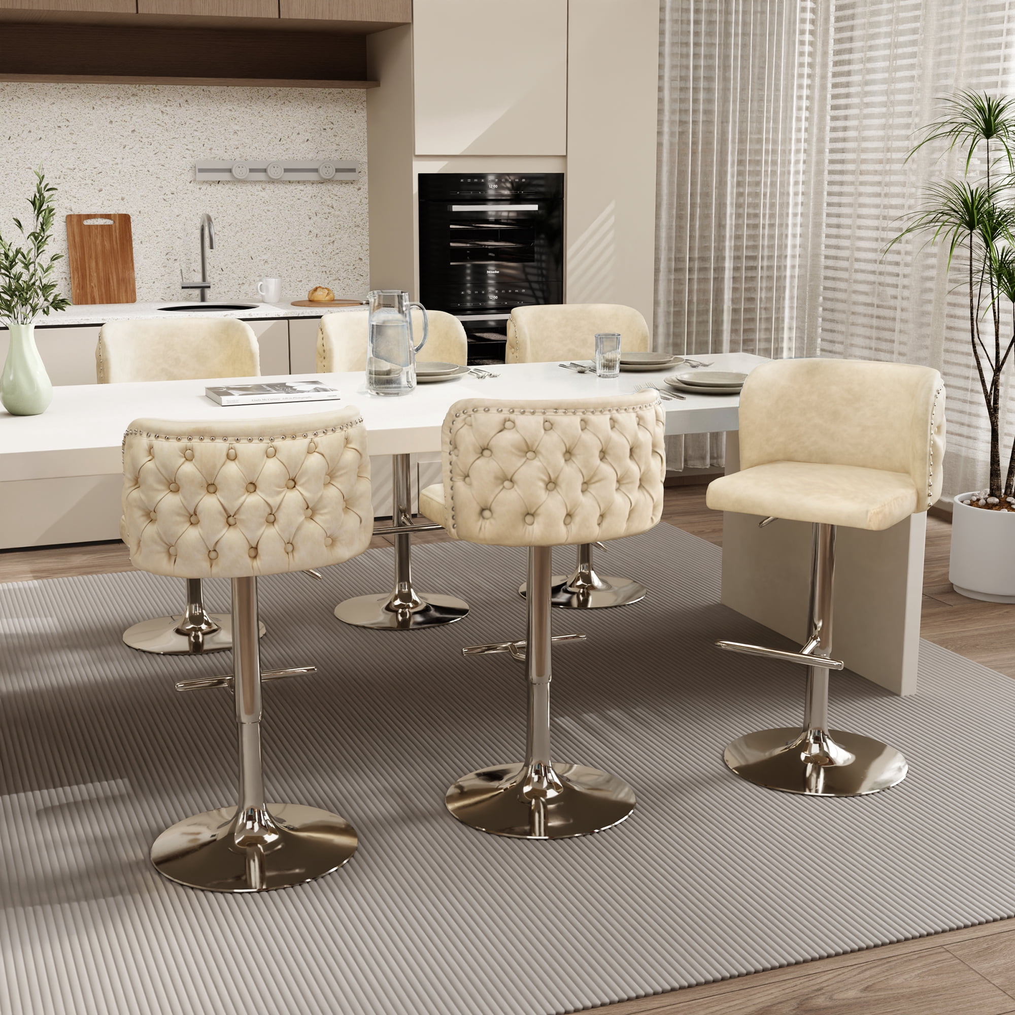 DONICK Swivel Counter Height Barstools,Upholstered Bar Stools Adjustable Height Nailhead Button Tufted Kitchen Island (PU,Cream,Set of 6)