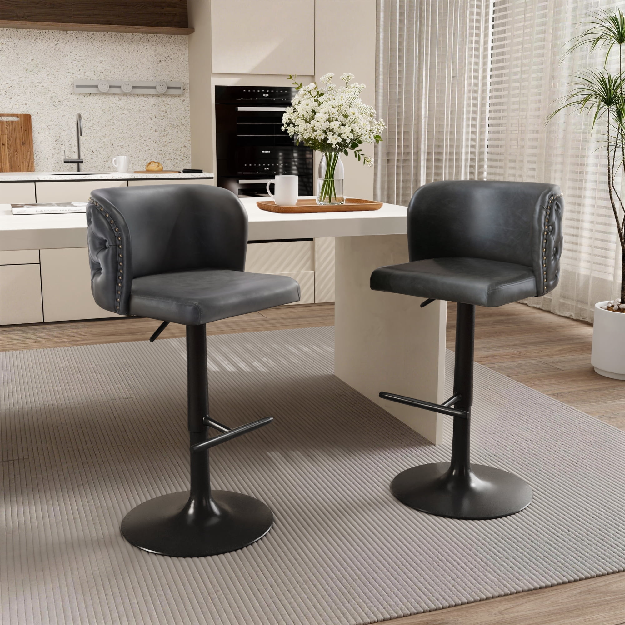 DONICK Swivel Counter Height Barstools,Upholstered Bar Stools Adjustable Height Nailhead Button Tufted Kitchen Island (PU,Dark,Set of 2)