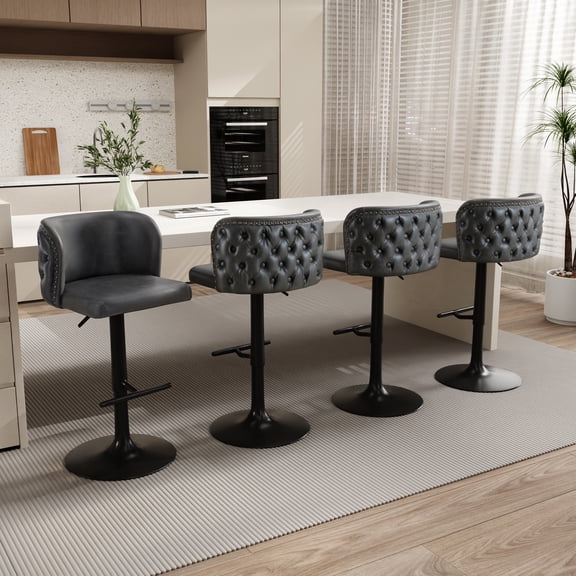 DONICK Swivel Counter Height Barstools,Upholstered Bar Stools Adjustable Height Nailhead Button Tufted Kitchen Island (PU,Dark,Set of 4)