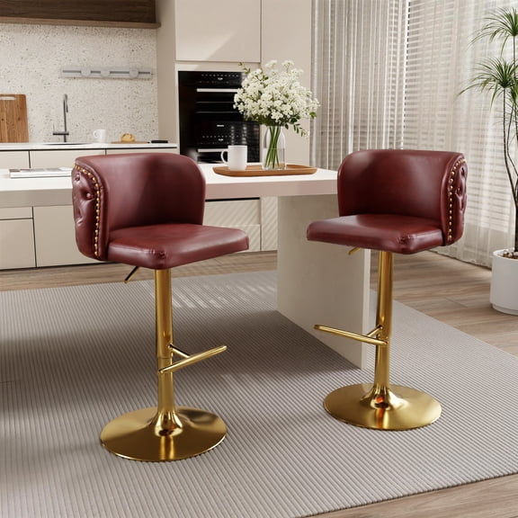 DONICK Swivel Counter Height Barstools,Upholstered Bar Stools Adjustable Height Nailhead Button Tufted Kitchen Island (PU,Walnut,Set of 2)