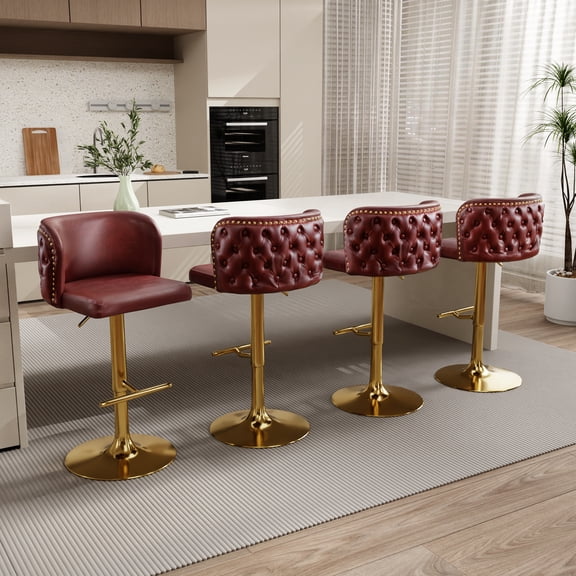 DONICK Swivel Counter Height Barstools,Upholstered Bar Stools Adjustable Height Nailhead Button Tufted Kitchen Island (PU,Walnut,Set of 4)
