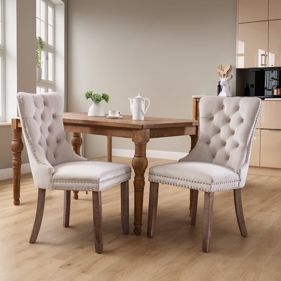 DONICK Velvet Beige Upholstered Dining Chairs Set of 2, Kitchen & Dining Room Chairs Nailheads Tufted Soft Solid Wood Frame