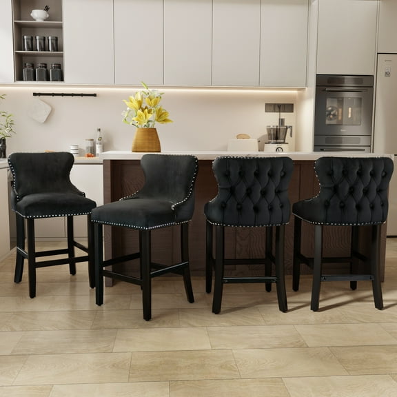 DONICK Velvet Counter Height Bar Stools,Upholstered Barstools Wing-Back Button Tufted Nailheads Trim Solid Wood Legs Kitchen Island Dining Room Pub(Black,Set of 4)