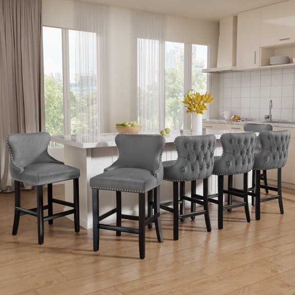 DONICK Velvet Counter Height Bar Stools,Upholstered Barstools Wing-Back Button Tufted Nailheads Trim Solid Wood Legs Kitchen Island Dining Room Pub(Gray,Set of 6)