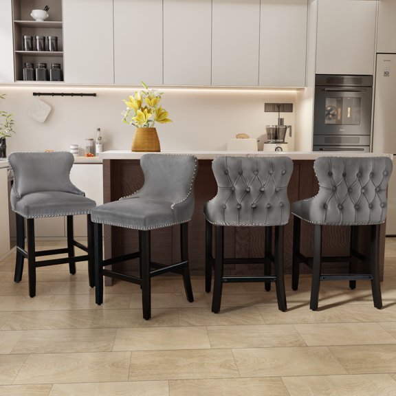 DONICK Velvet Counter Height Bar Stools,Upholstered Barstools Wing-Back Button Tufted Nailheads Trim Solid Wood Legs Kitchen Island Dining Room Pub(Gray,Set of 4)