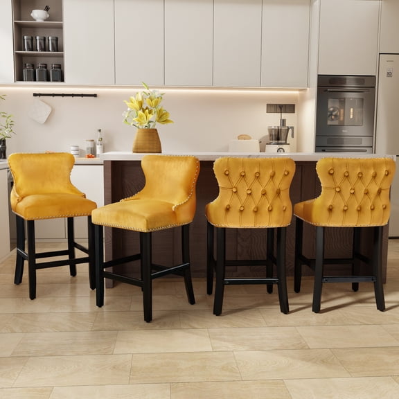 DONICK Velvet Counter Height Bar Stools,Upholstered Barstools Wing-Back Button Tufted Nailheads Trim Solid Wood Legs Kitchen Island Dining Room Pub(Yellow,Set of 2)