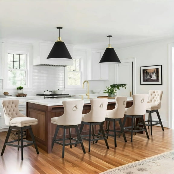 DONICK Velvet Swivel Bar Stools,Upholstered Counter Height Tuft Nailhead Wood Legs Footrest for Dining Room,Island,Bar,Kitchen(Beige,Set of 6)