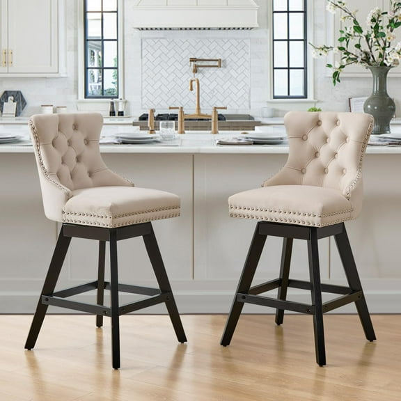 DONICK Velvet Swivel Bar Stools,Upholstered Counter Height Tuft Nailhead Wood Legs Footrest for Dining Room,Island,Bar,Kitchen(Beige,Set of 2)