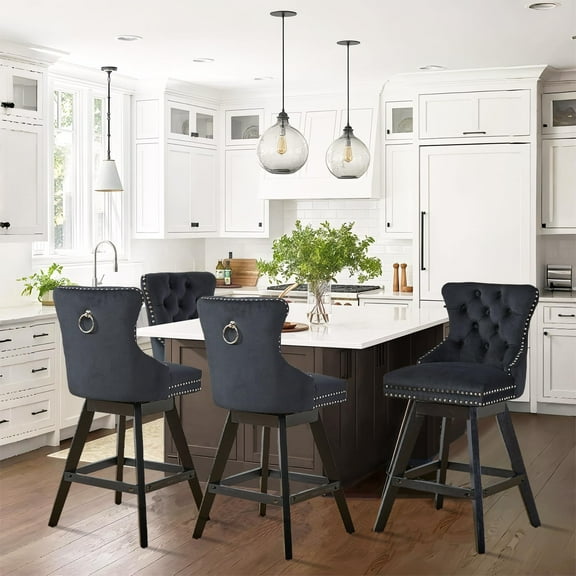 DONICK Velvet Swivel Bar Stools,Upholstered Counter Height Tuft Nailhead Wood Legs Footrest for Dining Room,Island,Bar,Kitchen(Black,Set of 4)