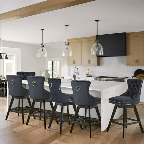 DONICK Velvet Swivel Bar Stools,Upholstered Counter Height Tuft Nailhead Wood Legs Footrest for Dining Room,Island,Bar,Kitchen(Black,Set of 6)