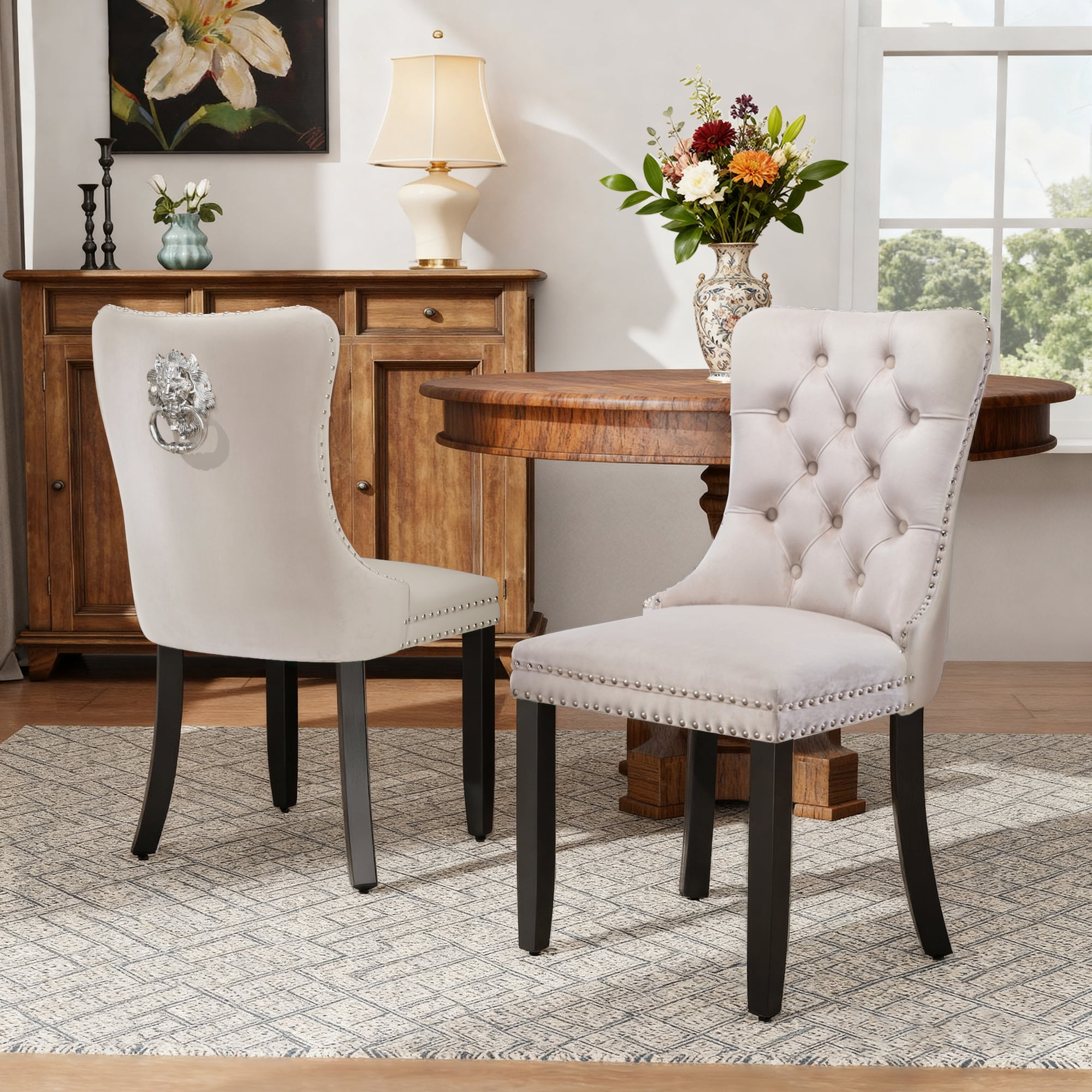 DONICK Velvet Upholstered Dining Chair Set of 2,Modern Tufted Kitchen Chairs Nailhead Lion Pull Ring Black Wood Legs(Beige)