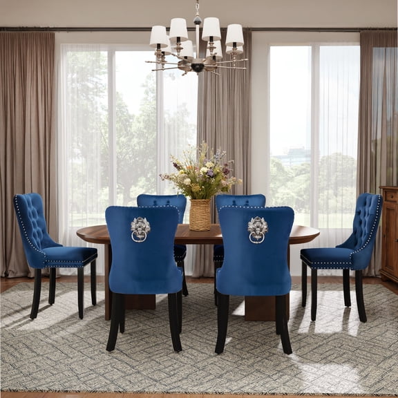 DONICK Velvet Upholstered Dining Chair Set of 6,Modern Tufted Kitchen Chairs Nailhead Lion Pull Ring Black Wood Legs(Black)