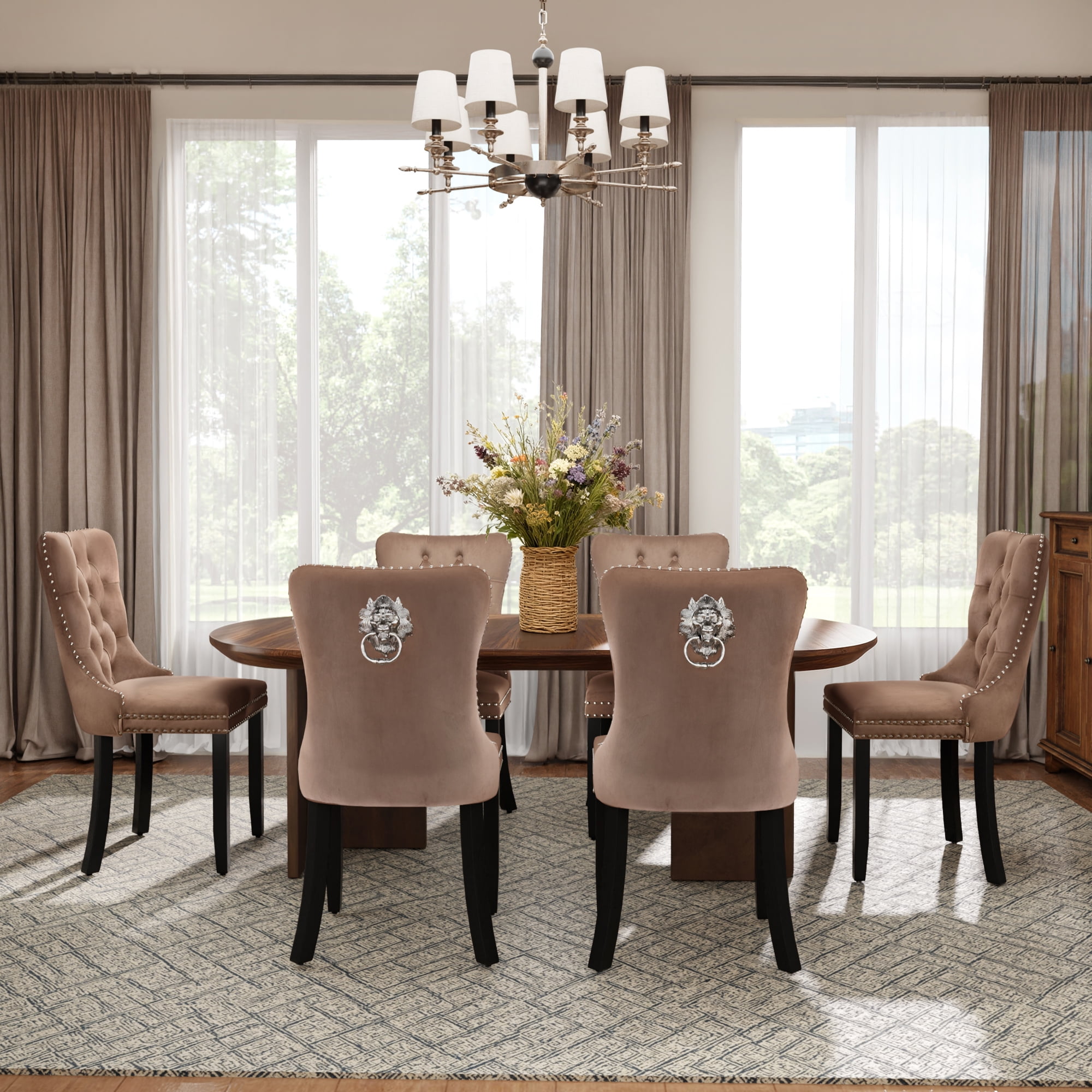 DONICK Velvet Upholstered Dining Chair Set of 6,Modern Tufted Kitchen Chairs Nailhead Lion Pull Ring Black Wood Legs(khaki)