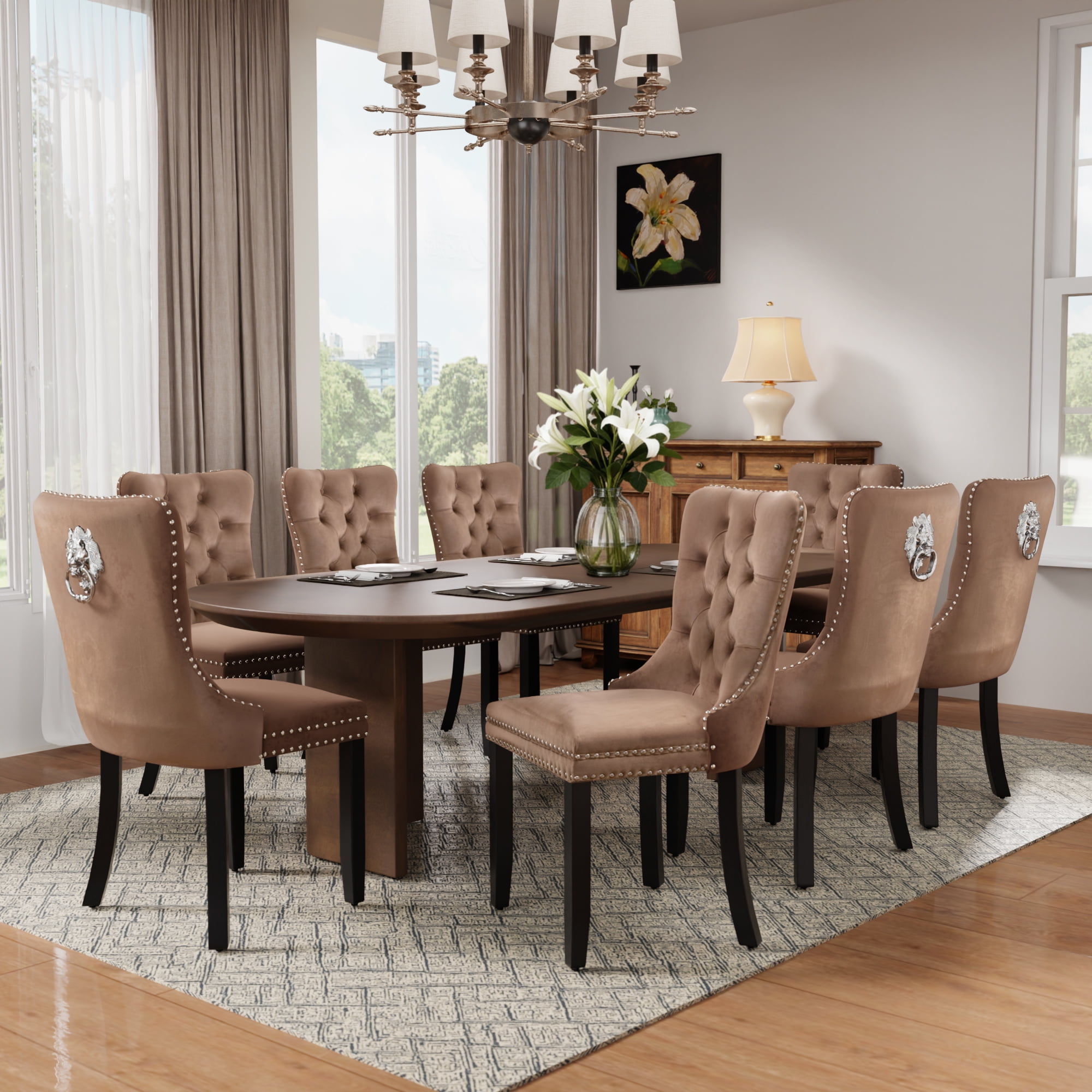 DONICK Velvet Upholstered Dining Chair Set of 8,Modern Tufted Kitchen Chairs Nailhead Lion Pull Ring Black Wood Legs(khaki)