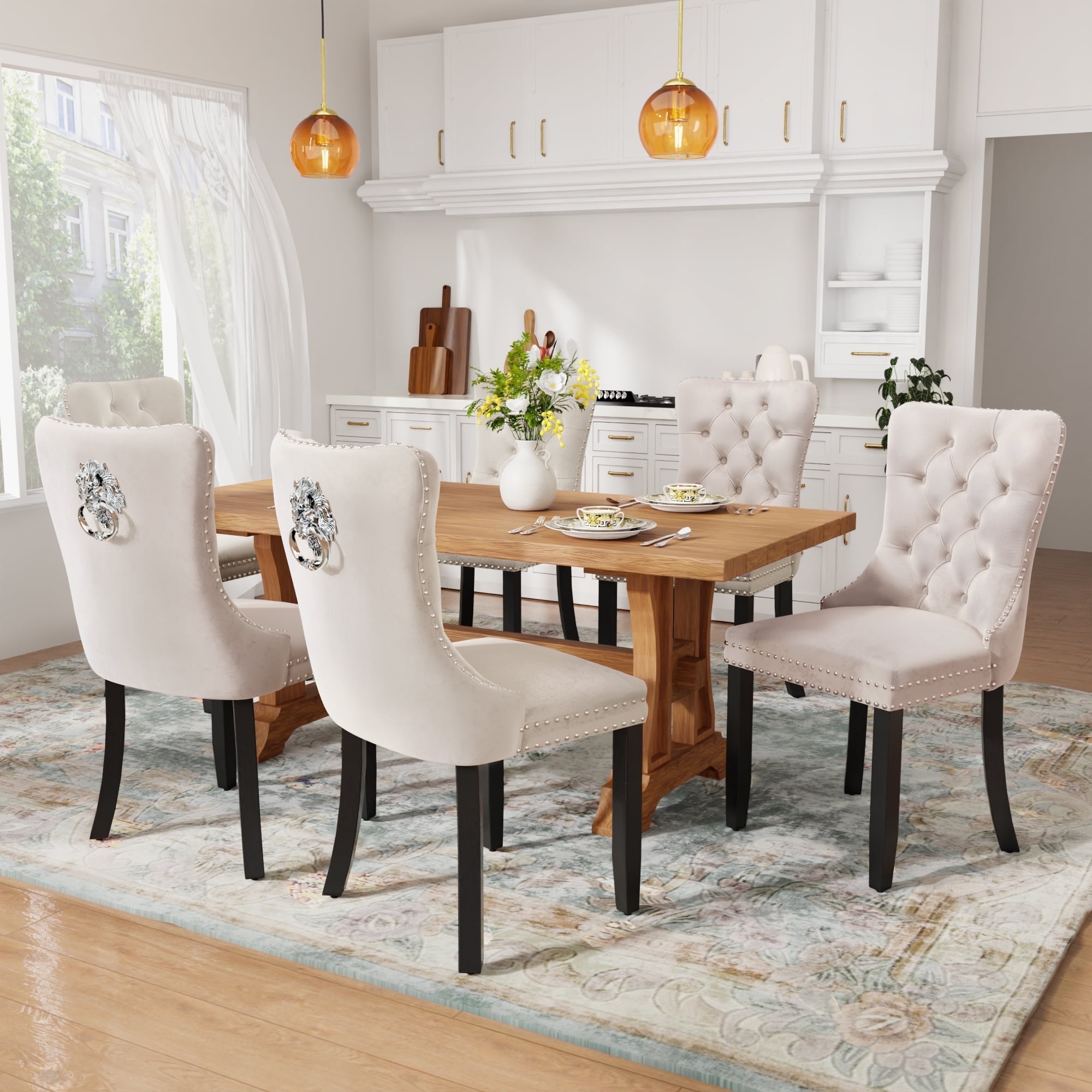 DONICK Velvet Upholstered Dining Chairs , Kitchen & Dining Room Chairs, Nailheads Tufted, Soft, Solid Wood Frame (Beige, Set of 6)