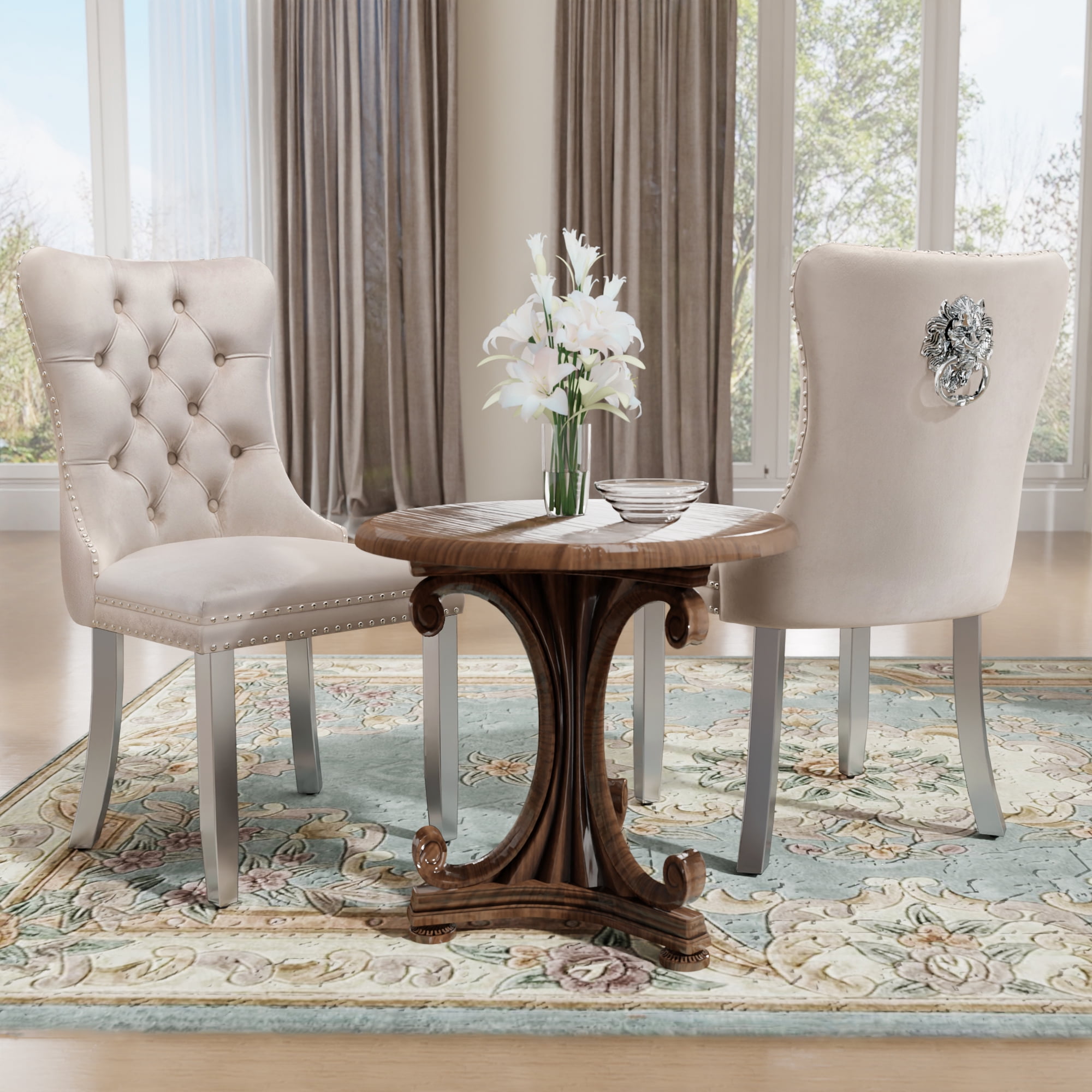 DONICK Velvet Upholstered Dining Chairs , Kitchen & Dining Room Chairs, Nailheads Tufted, Soft, Solid Wood Frame (Beige Silver, Set of 2)