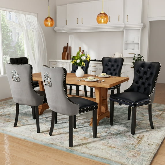 DONICK Velvet Upholstered Dining Chairs , Kitchen & Dining Room Chairs, Nailheads Tufted, Soft, Solid Wood Frame (Black Grey, Set of 6)