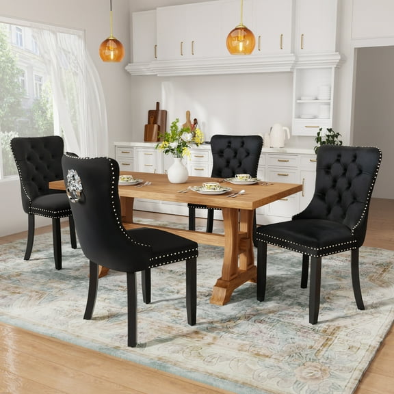 DONICK Velvet Upholstered Dining Chairs , Kitchen & Dining Room Chairs, Nailheads Tufted, Soft, Solid Wood Frame (Black, Set of 4)