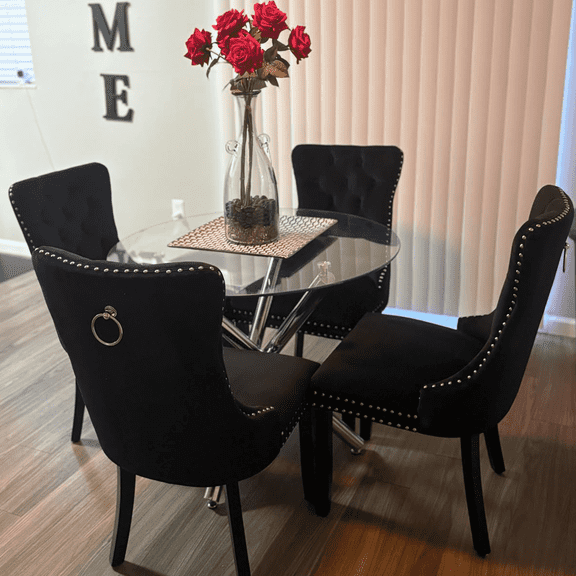 DONICK Velvet Upholstered Dining Chairs , Kitchen & Dining Room Chairs, Nailheads Tufted, Soft, Solid Wood Frame (Black, Set of 4)