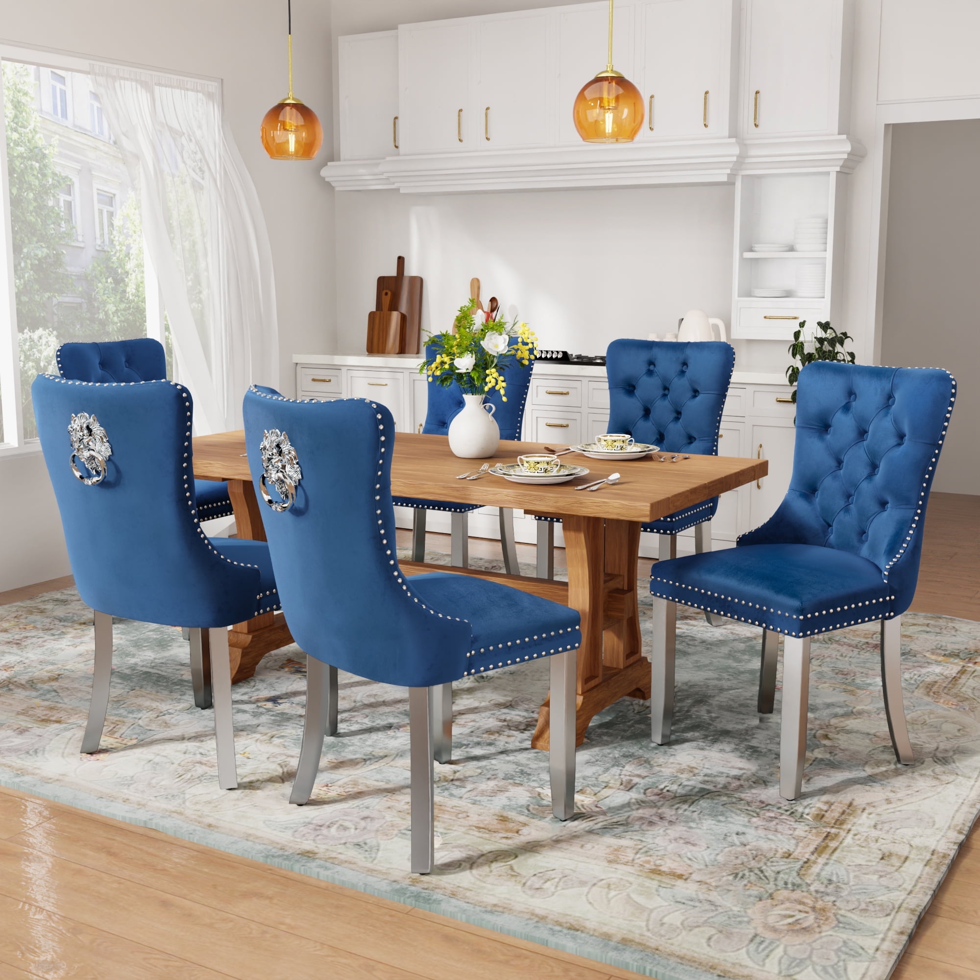 DONICK Velvet Upholstered Dining Chairs,Kitchen & Dining Room Chairs,Nailheads Tufted,Soft,Solid Wood Frame(Blue Silver,Set of 6)