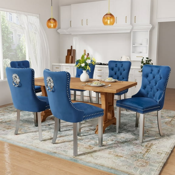 DONICK Velvet Upholstered Dining Chairs,Kitchen & Dining Room Chairs,Nailheads Tufted,Soft,Solid Wood Frame(Blue Silver,Set of 6)