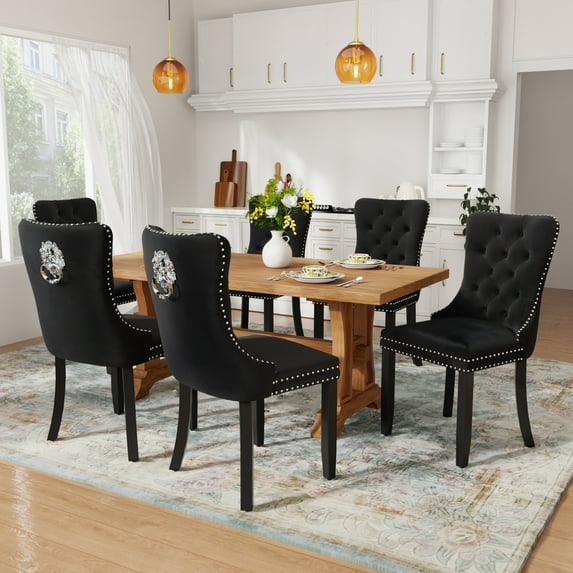 DONICK Velvet Upholstered Dining Chairs , Kitchen & Dining Room Chairs, Nailheads Tufted, Soft, Solid Wood Frame (Black, Set of 6)